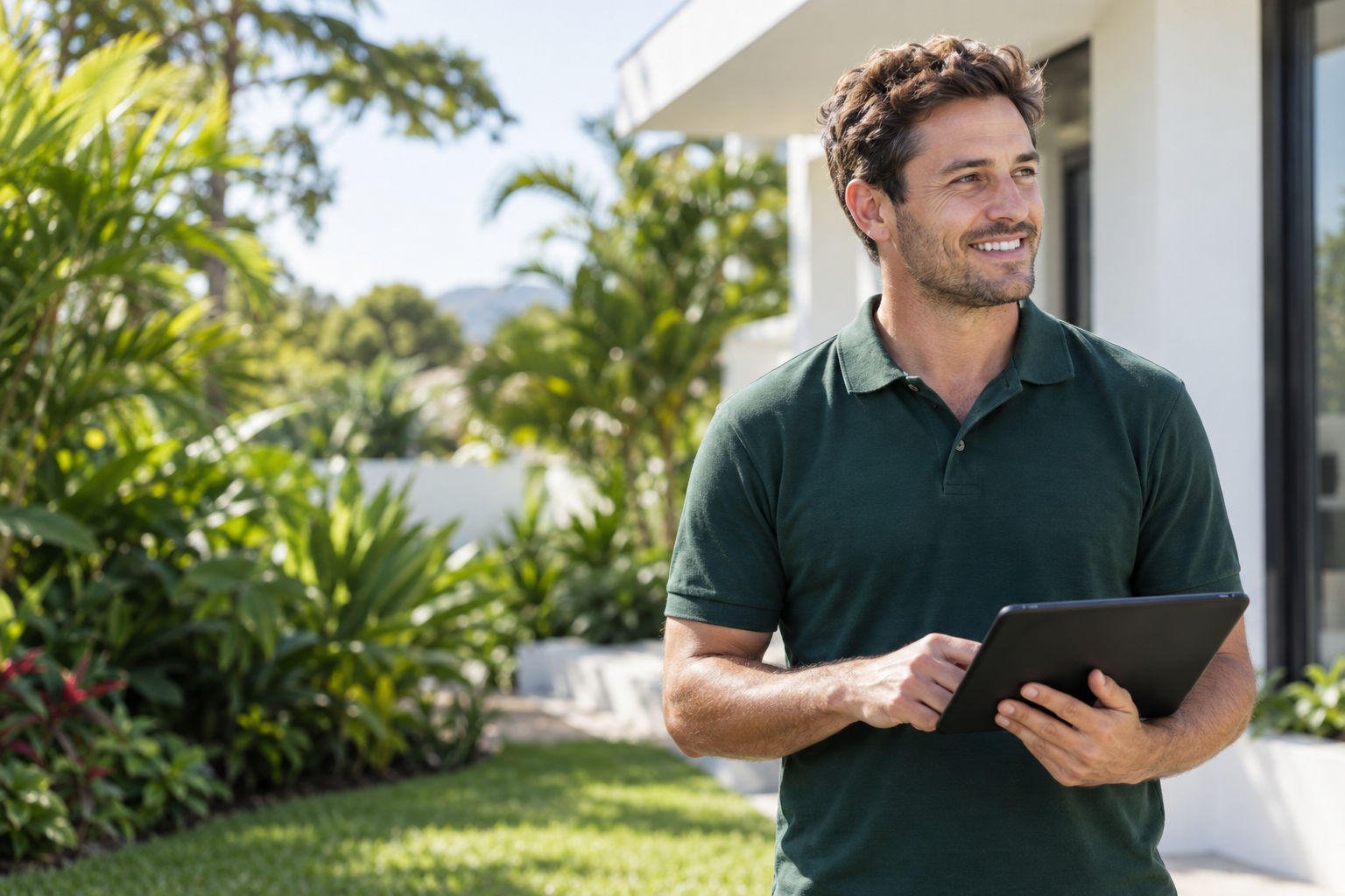 Trade business owner holding a tablet outside a home
