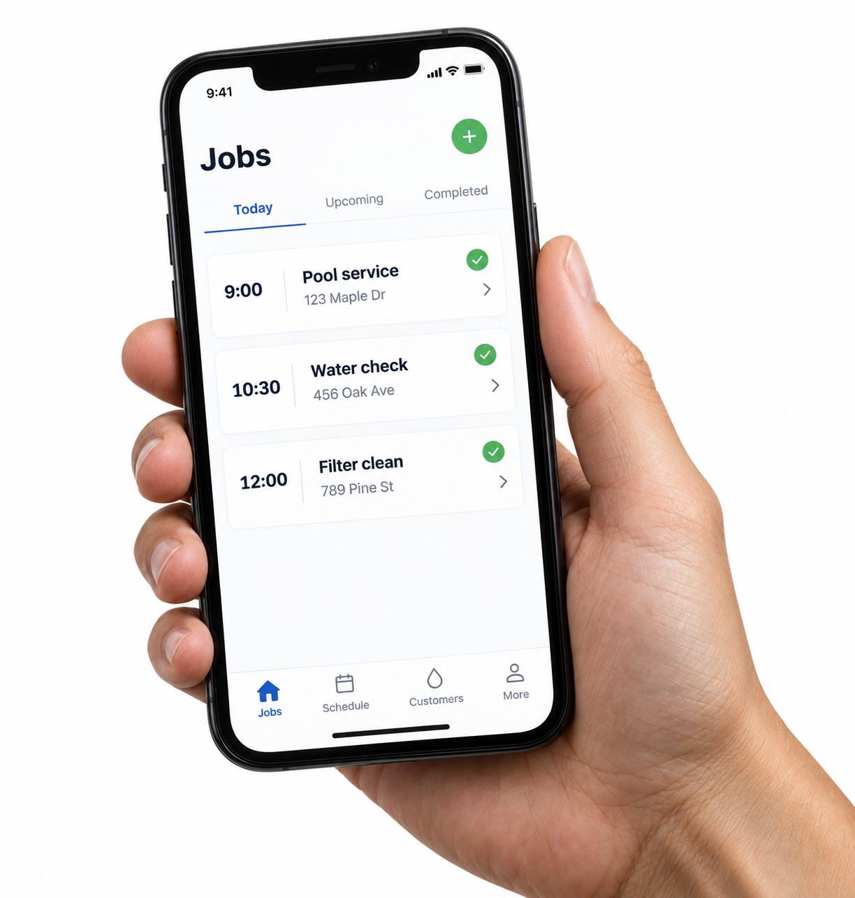 Hand holding a phone with a demo pool-service job schedule